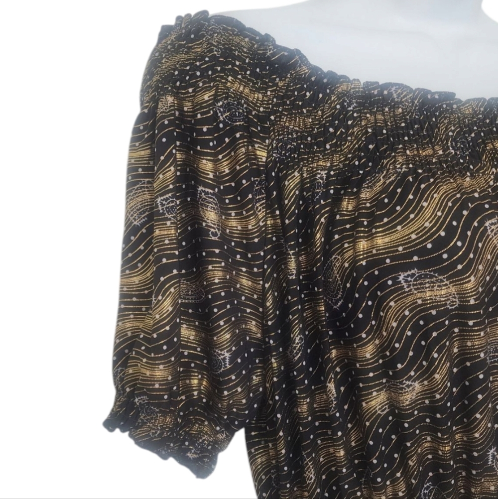 NWOT ACE Fashion Maxi Dress Boho Psychedelic Gold Paisley Ruched Waist Stretch. - Picture 5 of 8